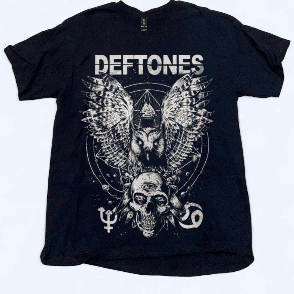 Black Deftones Band Tee With Owl And Skull Design